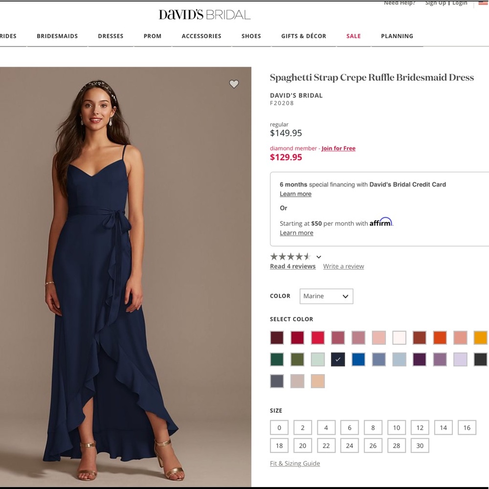 David’s Bridal spaghetti strap crepe ruffle bridesmaid dress in Marine